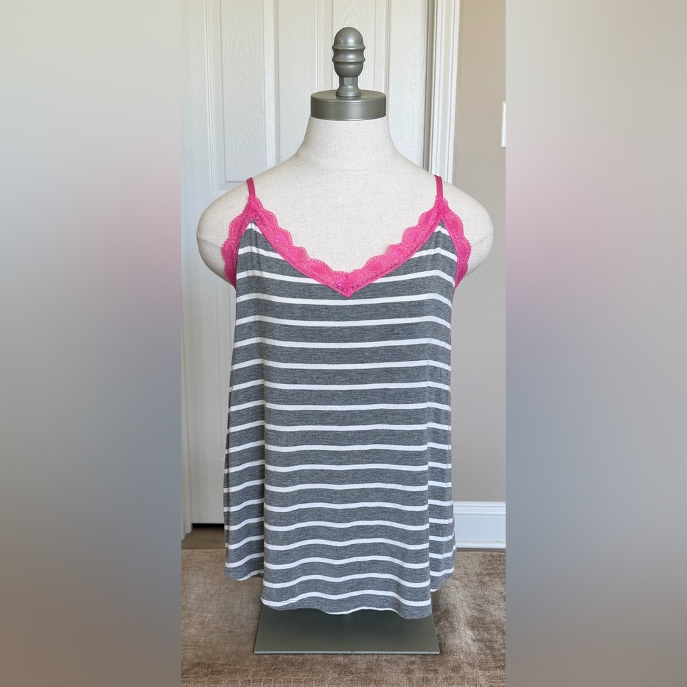 PJ Salvage Gray & White Striped Camisole with Pink Trim